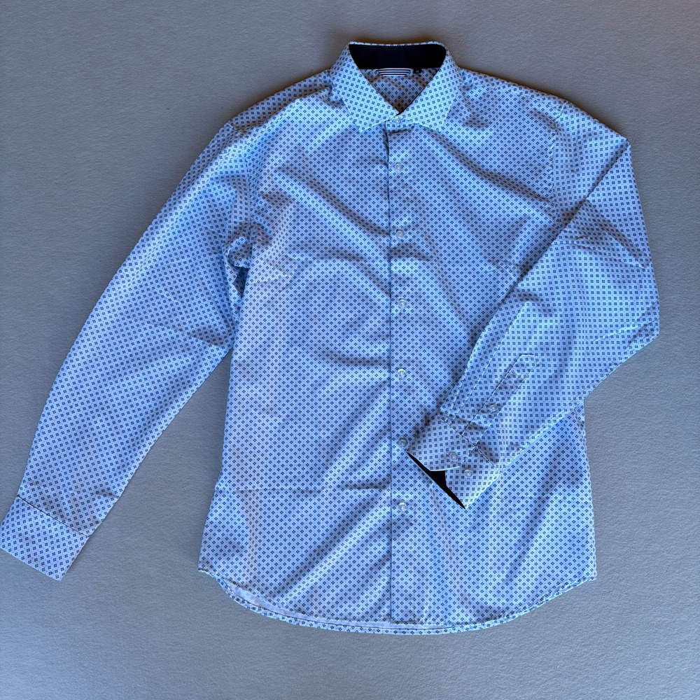 Mens Medium Long Sleeve Dress Shirt White Navy Blue Geometric Micro Print M